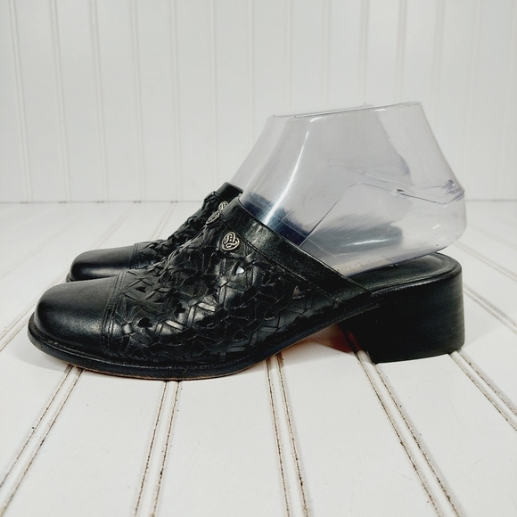 Brighton Black "Fanny" Leather Slip On Block Heel Comfy Mules I783 - Picture 1 of 11